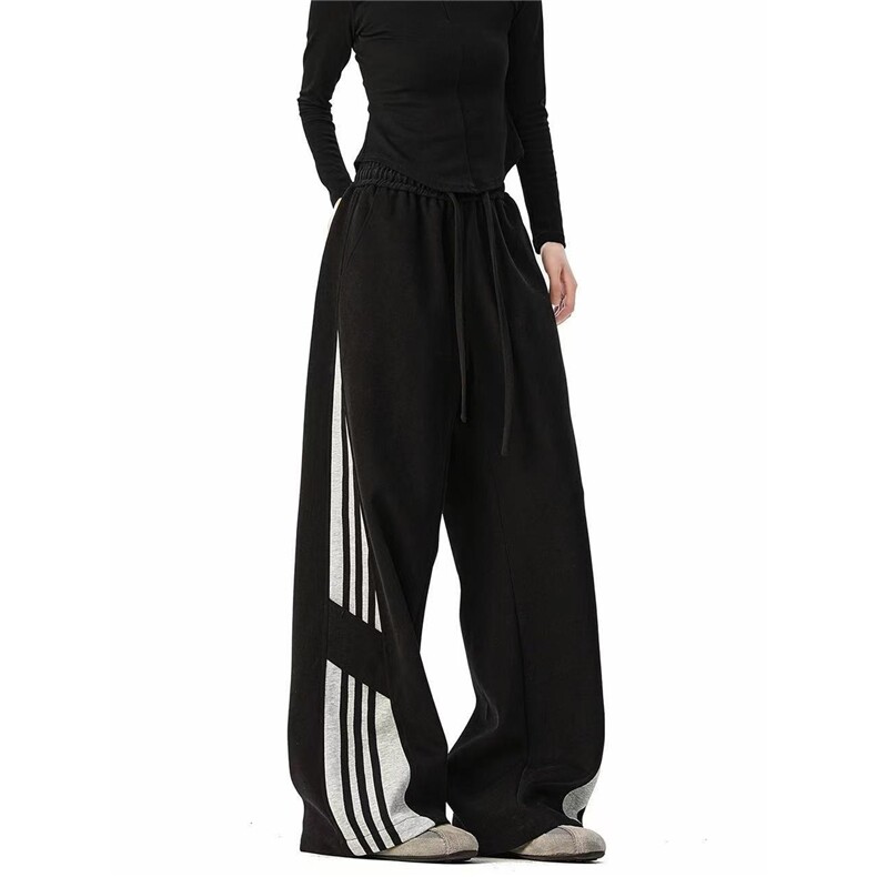 美式条纹撞色阔腿卫裤男女hiphop宽松运动休闲裤百搭运动裤CAA65图片