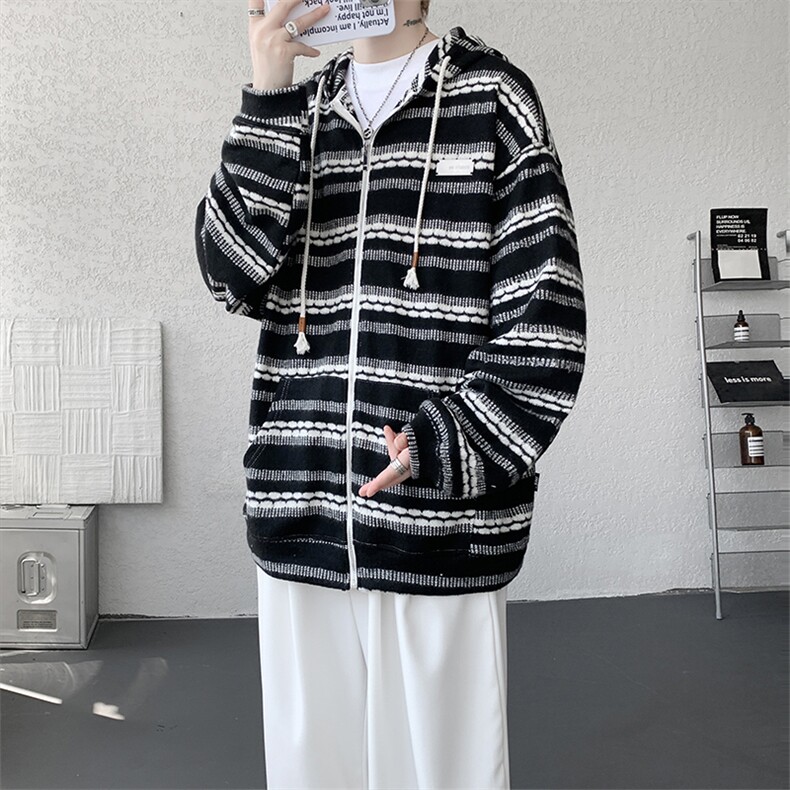8XL-M 潮情侣美式磨毛编织条纹针织衫卫衣宽松拉链外套WY30P88图片