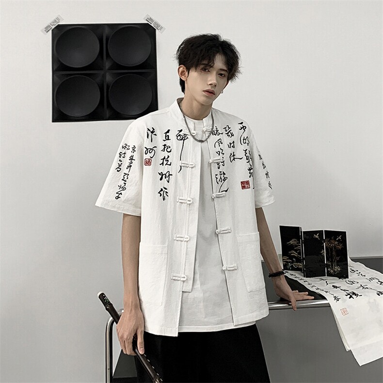 2025现货中式大码复古书法重磅刺绣新款盘扣衬衫T2881-P65-控88图片