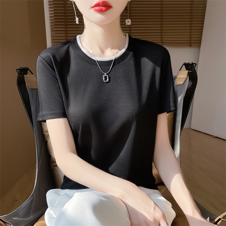 春秋短袖高档新款简约圆领薄款打底衫女t恤针织上衣,针织衫/毛衣,绒宛羊绒