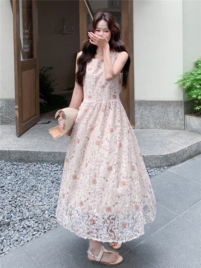《现货26夏上新》立体花朵超柔软甜美无袖仙女连衣裙可收腰,女装连衣裙,时尚风爆