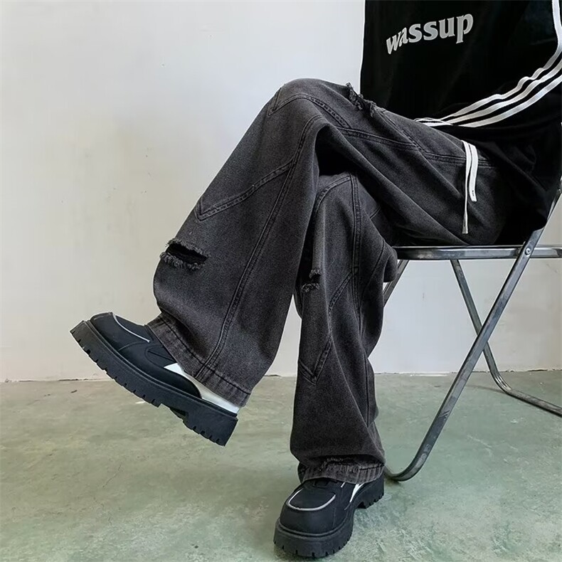 2024新款美式破洞牛仔裤宽松直筒做旧水洗帅气男现货 K8151-P47图片