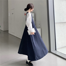 减龄条纹拼接假两件连衣裙女2025春秋季新款韩系宽松显瘦遮肉长裙，女装连衣裙，2C167