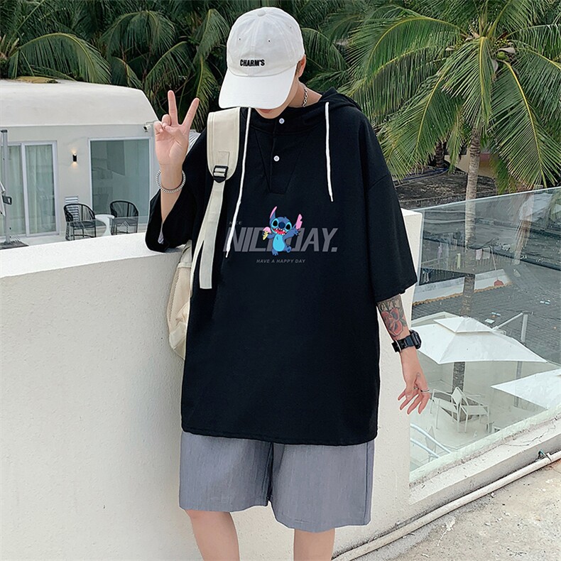 LD54173-P45连帽短袖t恤男大码胖子带帽五分袖中袖,男装T恤,电商A040