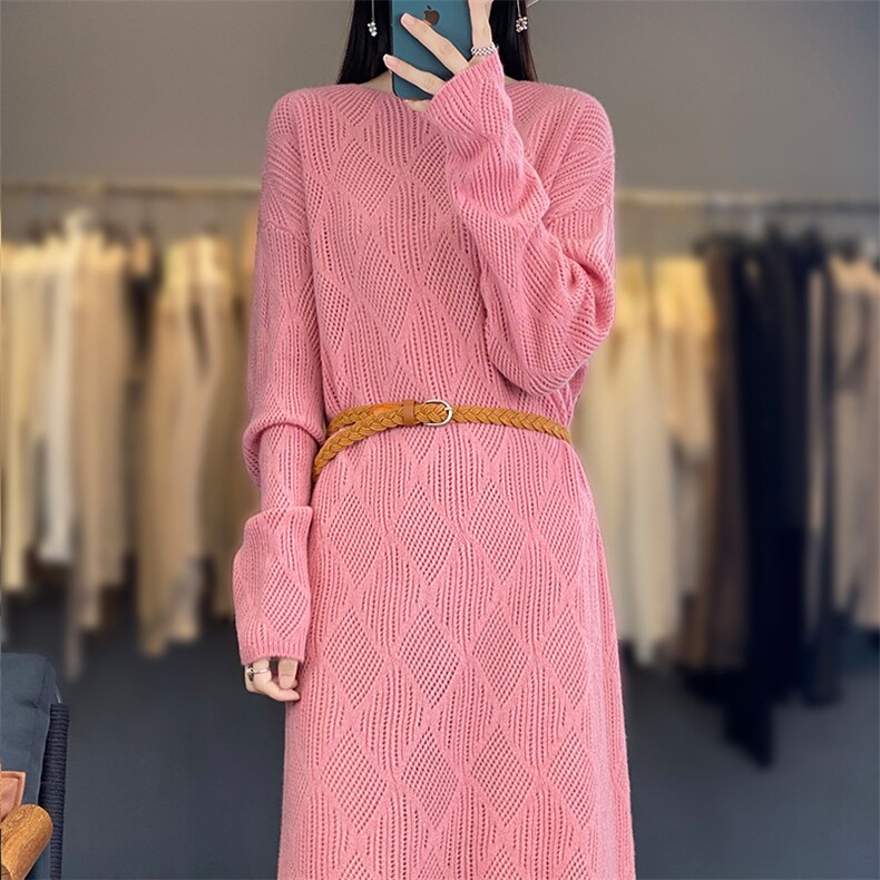 2025秋冬百搭时尚简约长款针织羊毛连衣裙，女装连衣裙，浙麦羊绒