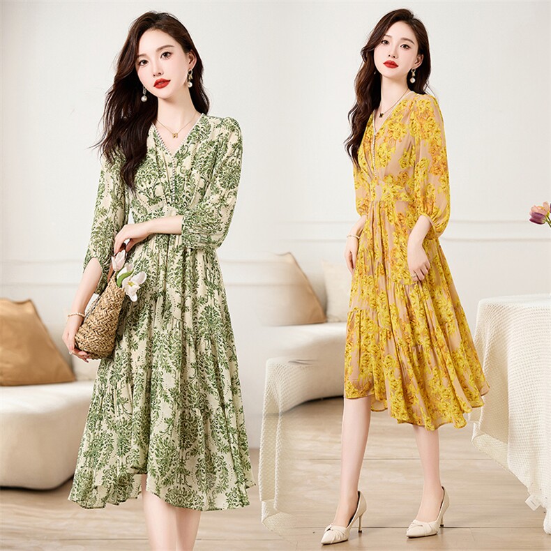 2023夏季新款优雅长袖连衣裙修身显瘦碎花雪纺裙气质女神必备，女装连衣裙，鑫鑫美