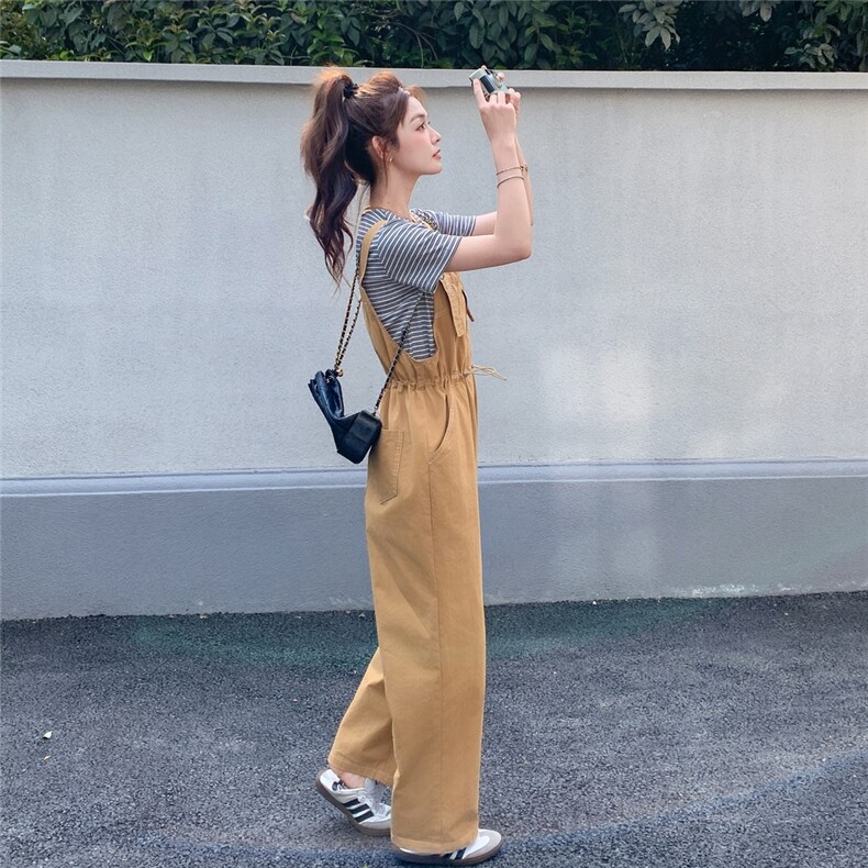 卡其色背带裤女夏休闲宽松直筒小众设计感活泼减龄阔腿裤两件套,女装套装/套裙,2C299