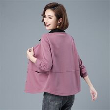 秋季短款外套polo领2021新款修身显瘦单排扣拼色上衣40-49周岁，女装短外套，伊满意