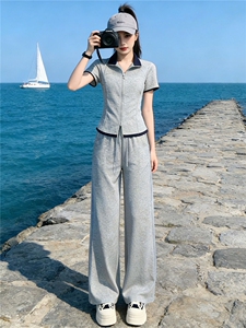 女夏新款小个子时尚休闲套装欧货纯色短袖拼接上衣高腰长裤两件套图片