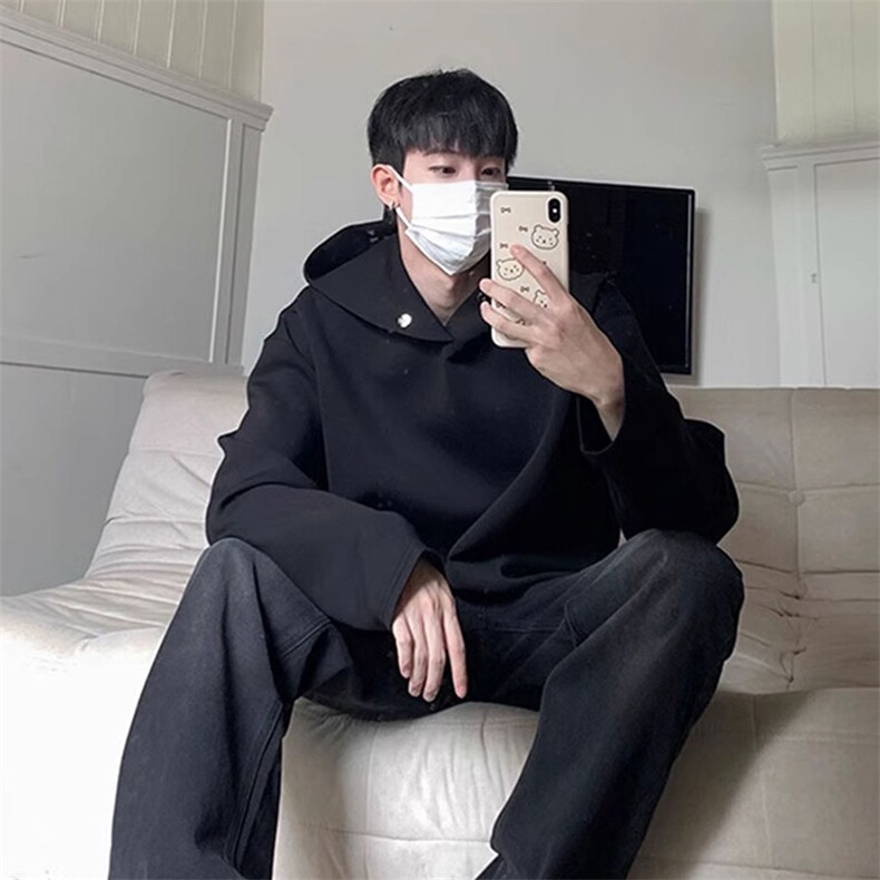 抖音得物高品质美式高街重磅纯色结构设计一粒扣连帽卫衣外套W85,男装卫衣,电商A486