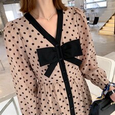 秋季新款韩版修身淑女气质高雅甜美可爱蝴蝶结圆点连衣裙，女装连衣裙，荷塘月色