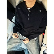 老钱风黑色亨利领毛衣男秋冬美式复古慵懒风刺绣针织衫内搭打底衫，男装T恤，四季星座505