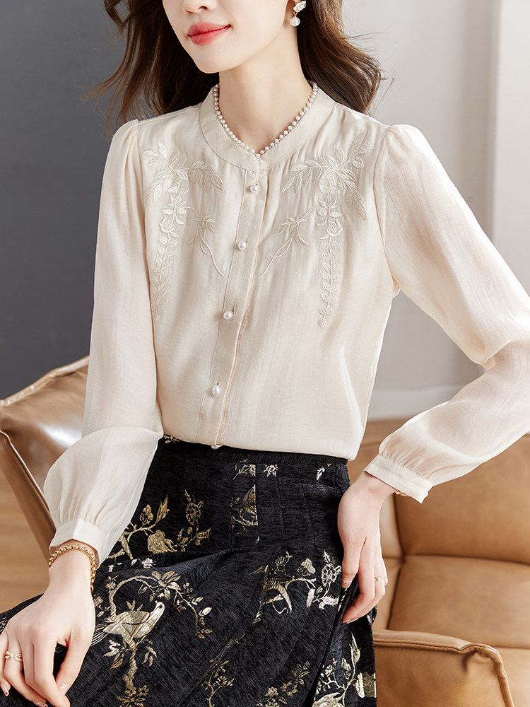 新中式风刺绣长袖衬衫女高级感气质醋酸衬衣2024秋季新款，女装衬衫，梦白服饰厂