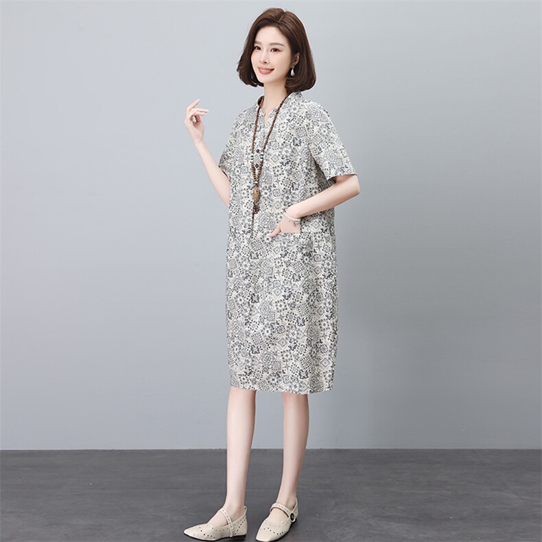 妈妈复古印花高端精致减龄连衣裙女士2026夏季宽松显瘦贵夫人裙子,女装连衣裙,依恋蒂丝