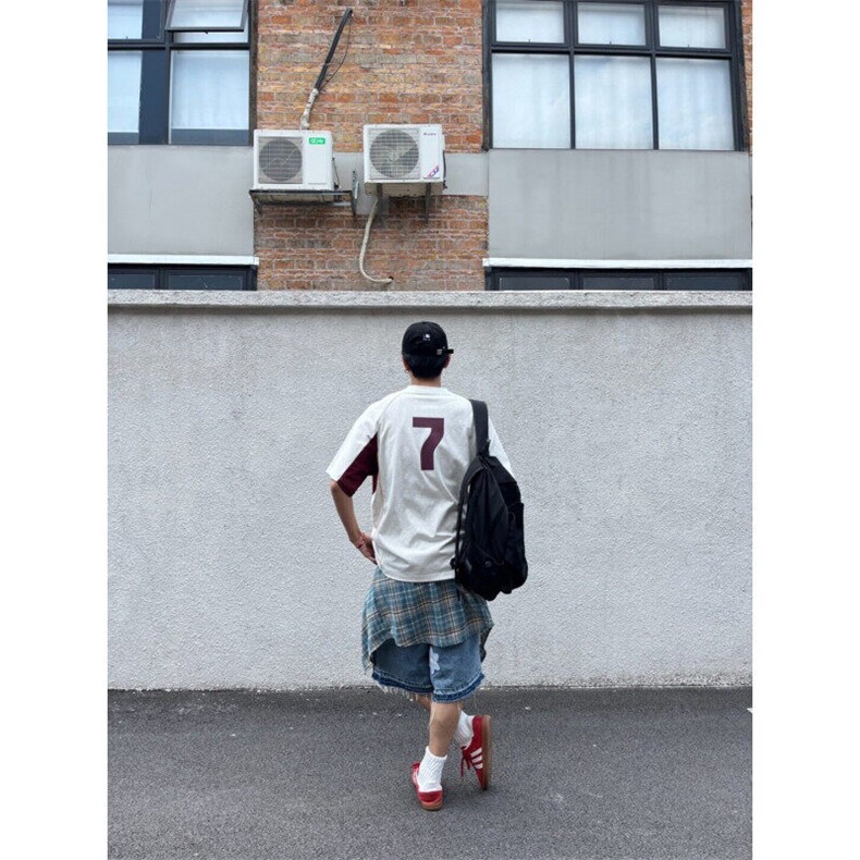 M522-P35美式复古拼接撞色小V领基础宽松休闲短袖T恤男女同款,男装T恤,星座617A-1（原B318A）