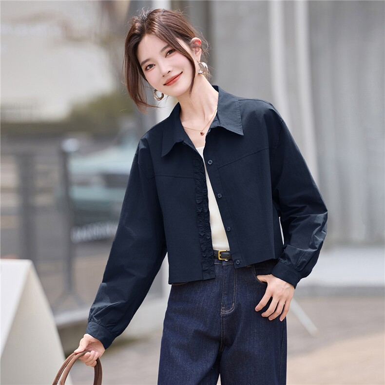 2025早秋新款韩系休闲复古别致好看小个子短款百搭衬衫薄外套女,女装衬衫,丽影随形