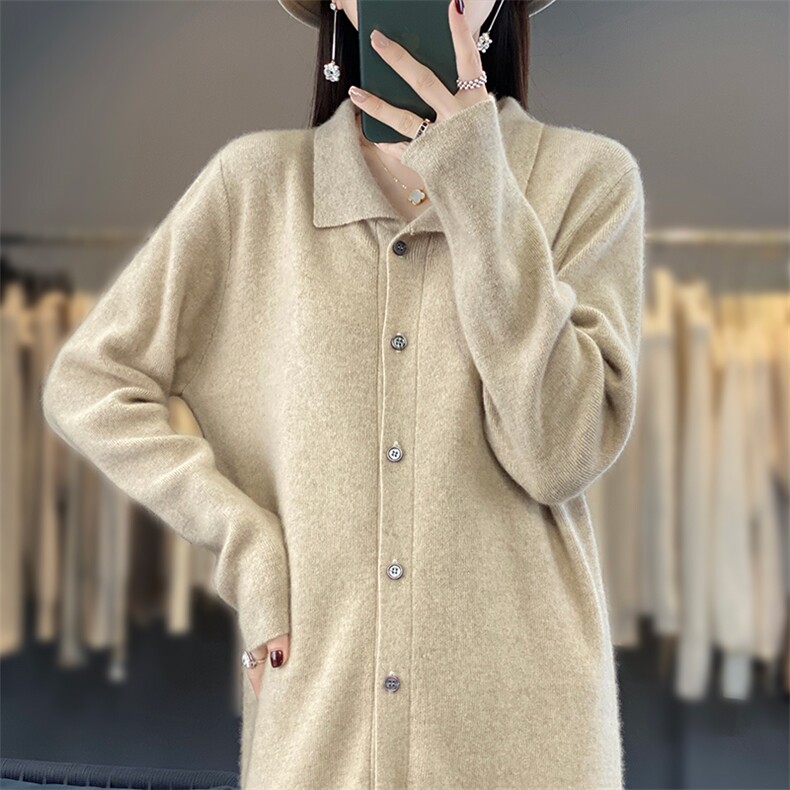 POLO领羊毛开衫女百搭打底外套叠穿衬衣纯色针织开衫毛衣外穿上衣，女装连衣裙，蒙莲贝斯