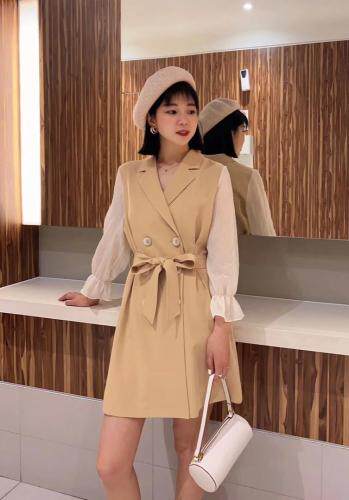 现货2021春季新品连衣裙气质显瘦锦棉四面弹面料舒适，女装连衣裙，蓝典