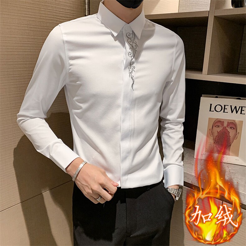 2025男士秋冬男社会精神小伙加绒纯色绣花衬衫301A-1/CS310/P65图片