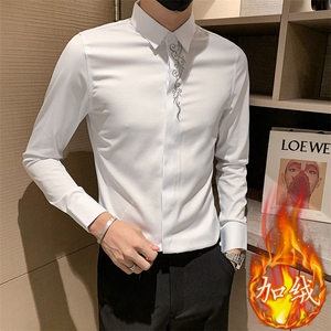 2025男士秋冬男社会精神小伙加绒纯色绣花衬衫301A-1/CS310/P65图片