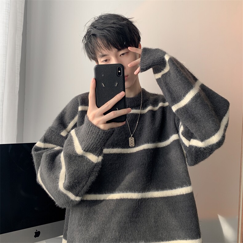 秋季新款港风条纹慵懒风套头圆领保暖毛衣男XZ608-TM277-P65控88,男装针织衫/毛衣,星座608(原A046)