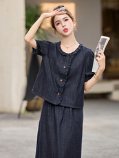2025夏季牛仔套装复古休闲女新款小香风减龄穿搭两件套，女装套装/套裙，依万里