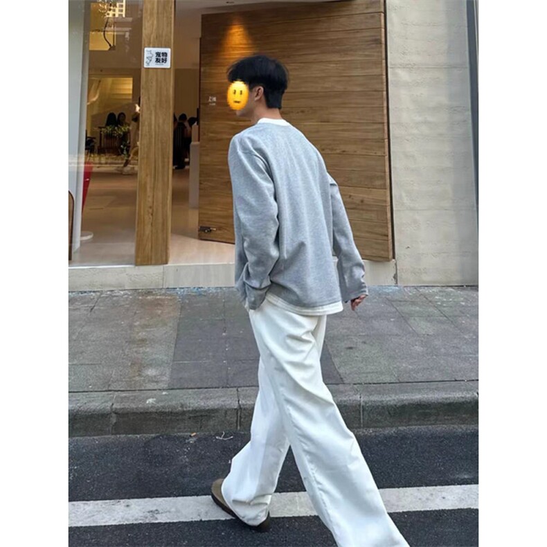 美式复古假两件叠穿长袖T恤男打底衫宽松上衣LW5666-P32加绒42,男装T恤,星座1008