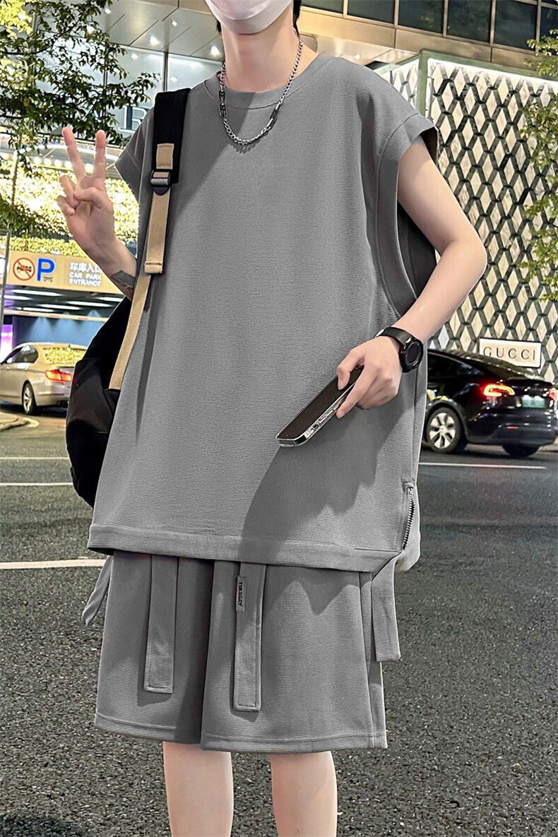 短袖男夏季套装2025新款运动坎肩飘带无袖t恤男A436-D229-P65,男装T恤,电商A436