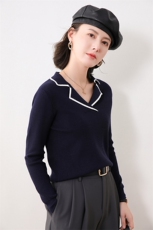 撞色翻领长袖针织衫女薄款2025新款秋季羊毛衫polo领修身套头毛衣，女装针织衫/毛衣，佳绒包芯纱店