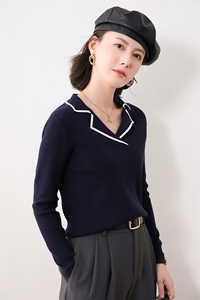 撞色翻领长袖针织衫女薄款2025新款秋季羊毛衫polo领修身套头毛衣图片