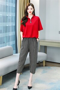 2021年夏季新款气质立领抽绳短袖两件套装图片