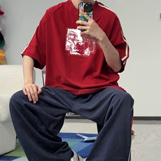 抖音得物高品质二开240克宽松纯棉美式潮牌三条杠织带短袖T恤，男装T恤，电商A486-1