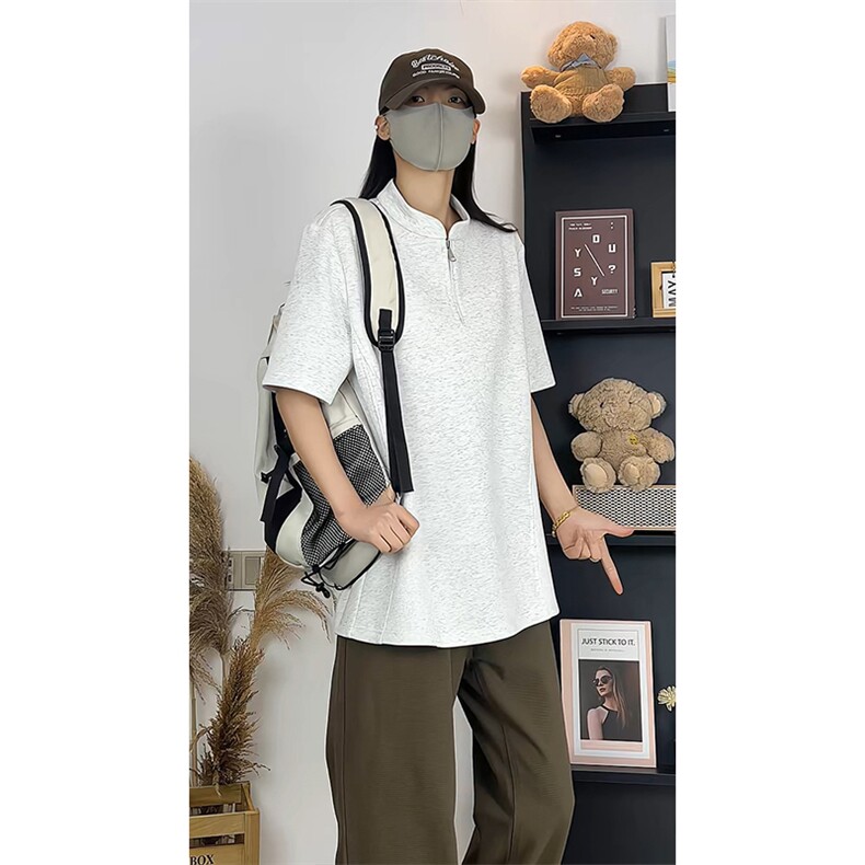 重磅半拉链亨利领短袖T恤宽松型设计感休闲风上衣男T3705-特价P27,男装T恤,电商A007