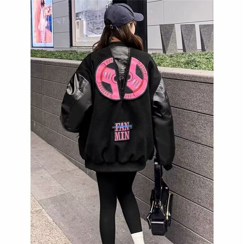 美式重磅毛呢拼接棒球服男春秋刺绣宽松休闲个性情侣夹克棉服外套,男装夹克,星座506A
