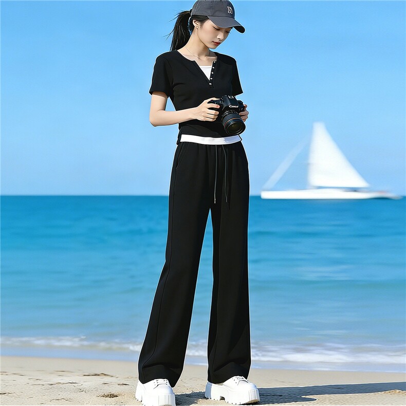小个子穿搭时尚套装女夏季新款纯色圆领拼接短款上衣阔腿裤两件套,女装套装/套裙,江南