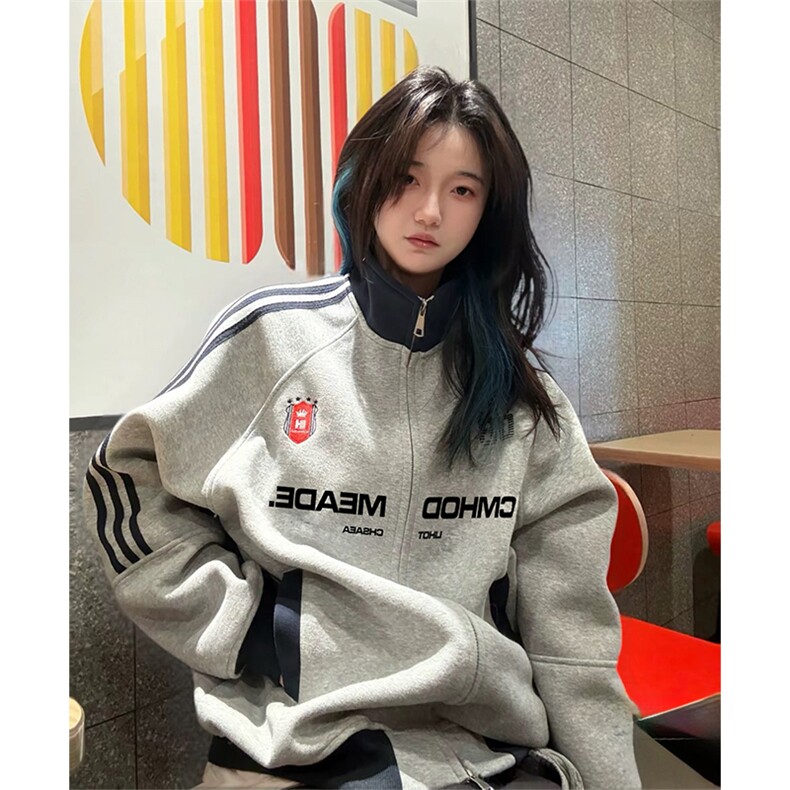 抖音得物美式高街重磅结构设计拼接织带立领印花卫衣外套 ACM4201图片