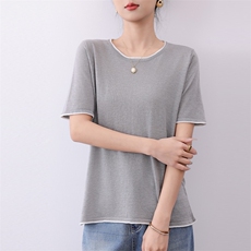2025新款极简通勤纯色精纺羊毛针织卷边T恤上衣，女装T恤，盛鼎羊绒