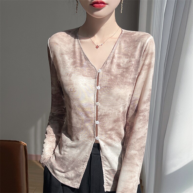 2025夏季网纱印花防晒开衫女欧货宽松V领薄款长袖针织空调衫上衣，女装蕾丝衫/雪纺衫，圣丽羊绒