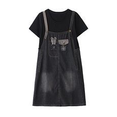 夏季新款时尚休闲背带裙子洋气收腰显瘦小个子假两件牛仔连衣裙女，女装牛仔裙，蓝诺裳