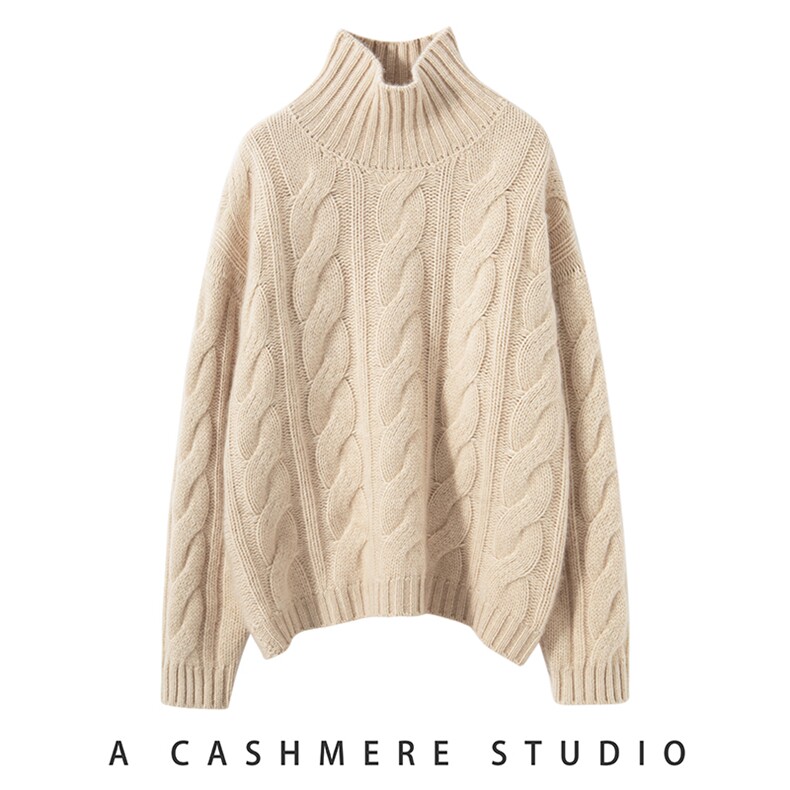 2025年秋季落肩袖厚款套头单件长袖半高圆领麻花针织衫时尚百搭，女装针织衫/毛衣，珍丝贝尔