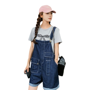 港风复古蓝色牛仔背带裤女夏季2025新款印花T恤阔腿裤图片
