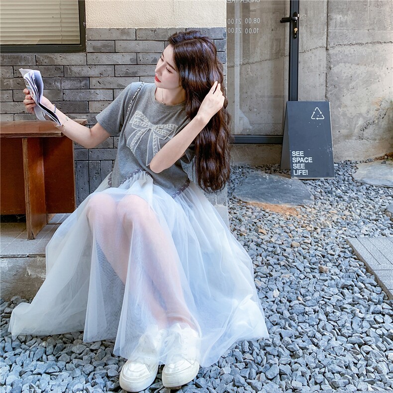 法式网纱拼接显瘦甜美连衣裙女2025夏季新款时尚轻奢百搭温柔长裙,女装连衣裙,2C283