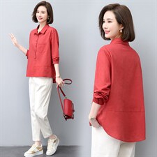 衬衫女长袖2023年新款大码宽松秋薄款纯色休闲棉麻衬衣，女装衬衫，涵誉