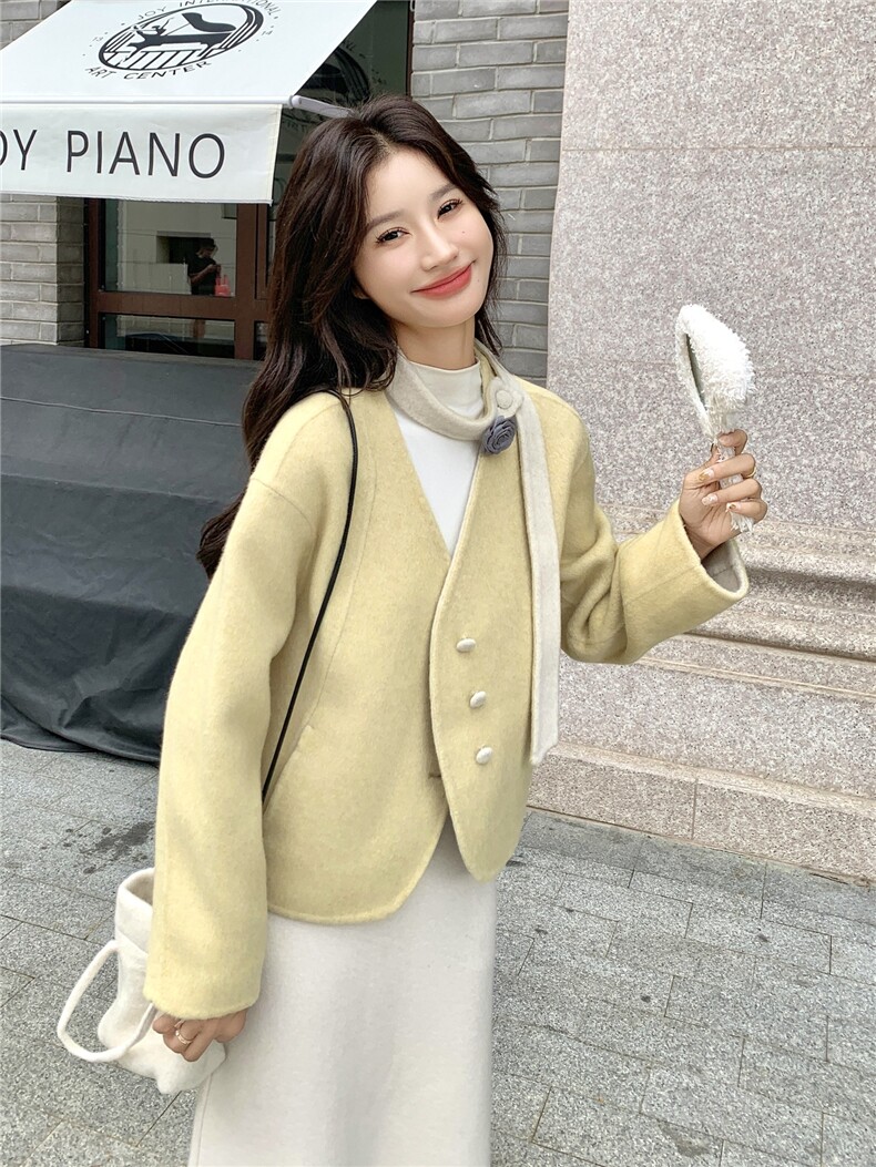黄色V领飘带双面呢羊毛外套女秋冬2025新款高级感爆款小个子大衣,女装毛呢外套,慧尚2-185
