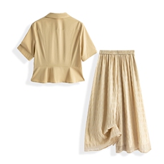 气质优雅纯色短袖收腰衬衫阔腿裙裤两件套女，女装衬衫，水衣源