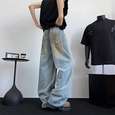 美式街头破洞牛仔裤男秋直筒宽松欧美高街vibe风长裤子RK2959-P49，男装牛仔裤，星座412-2