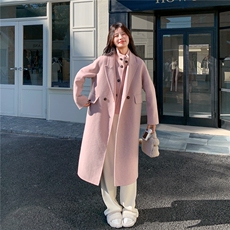 粉色羊绒大衣马甲两件套女中长款秋季新款韩系高级感气质毛呢外套，女装毛呢外套，2C030