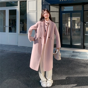 粉色羊绒大衣马甲两件套女中长款秋季新款韩系高级感气质毛呢外套图片