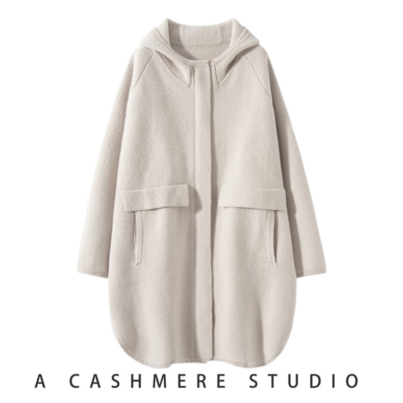 秋冬百搭温柔休闲时尚宽松四平连帽羊绒大衣，女装羊绒大衣，艾森羊绒