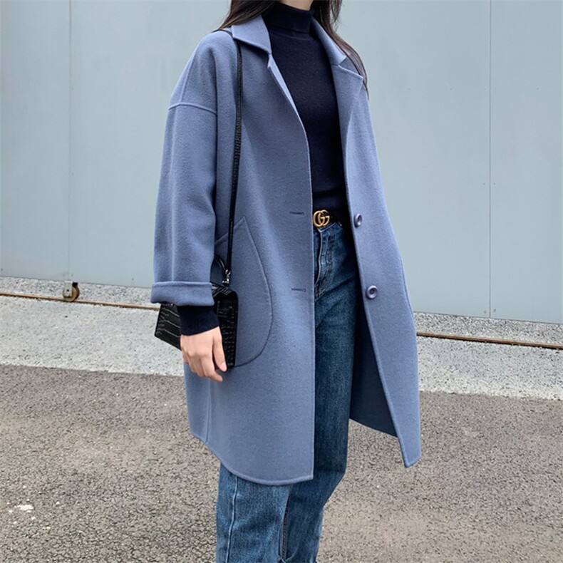 时尚百搭黑色羊毛大衣女秋冬季新款韩版宽松显瘦长款外套,女装毛呢外套,乾庄羊绒